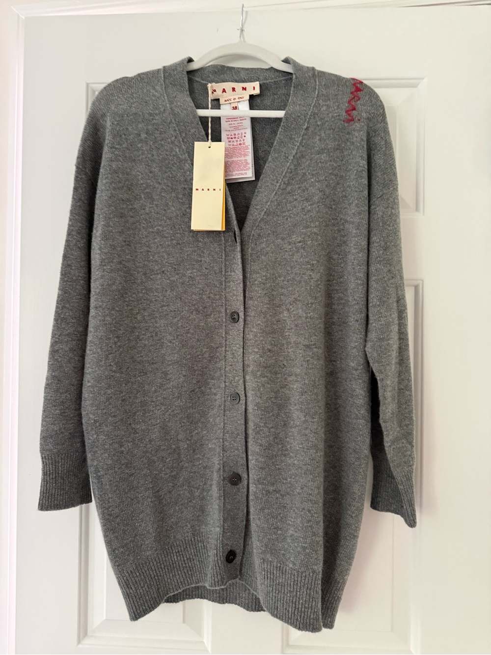 Marni Gray V-Neck Button Cardigan with Red Stitch Detail